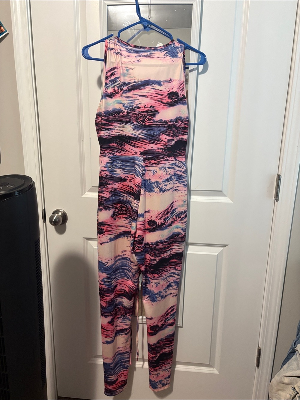 SHEIN Pink and Blue Wave-Print Sleeveless Jumpsuit